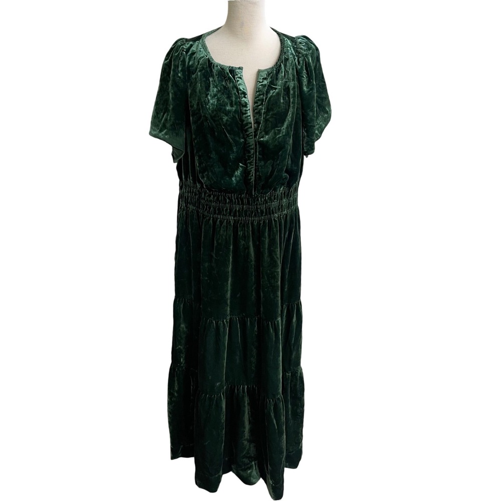 Anthropologie somerset Emerald Green Velvet Tiered Maxi Dress Smocked Waist 1X